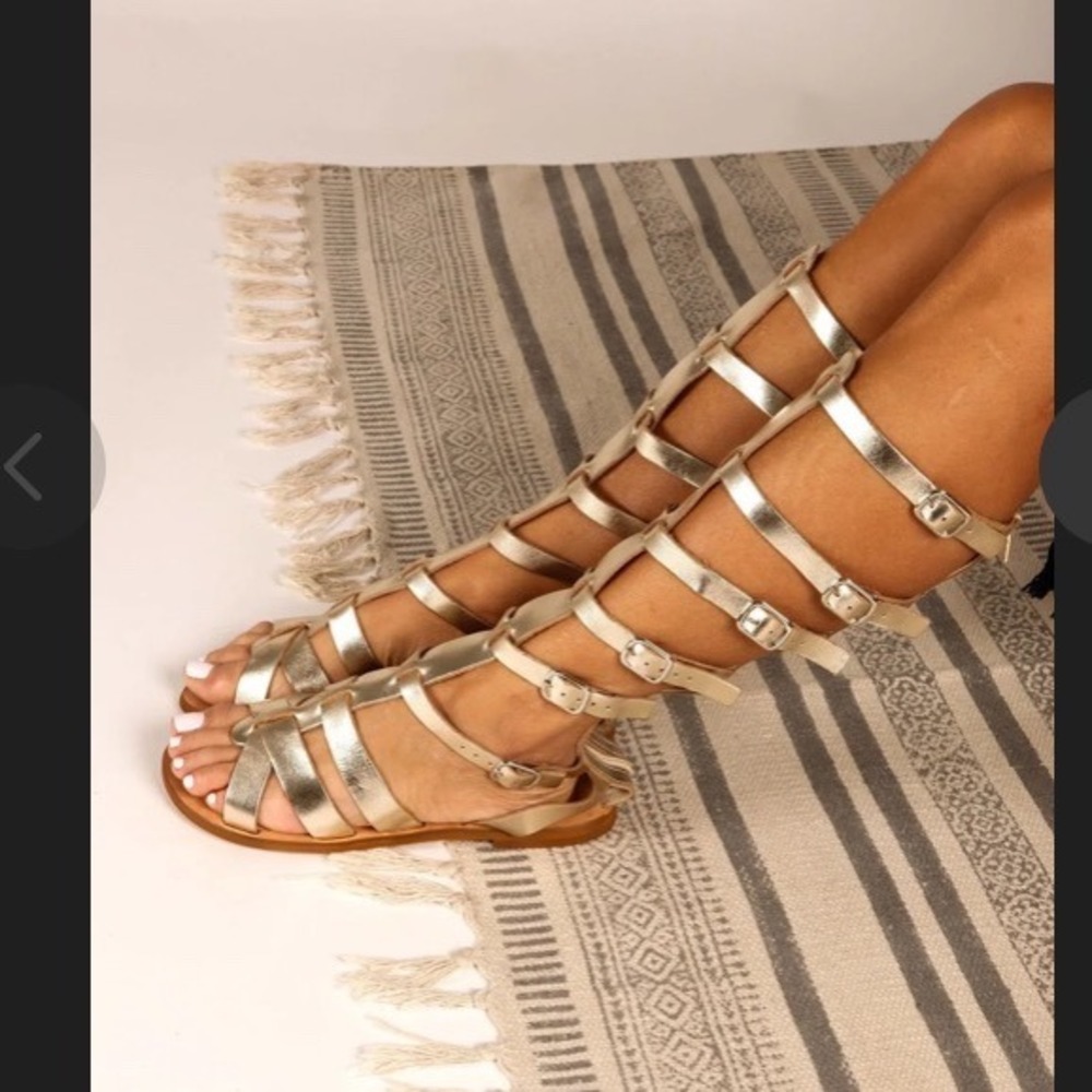 GreekLeatherStudio‎ Gold Leather Gladiator Sandals Knee High Greek Style 39 boho